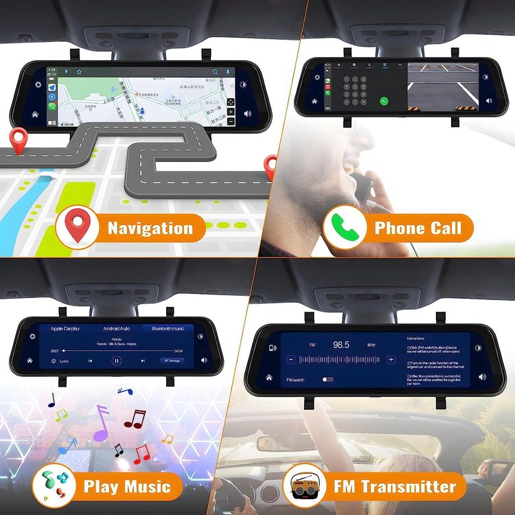 مسجل مرآة الرؤية الخلفية عالي الدقة من CLAYTON Round HD، وCarplay اللاسلكي وAndroid Auto