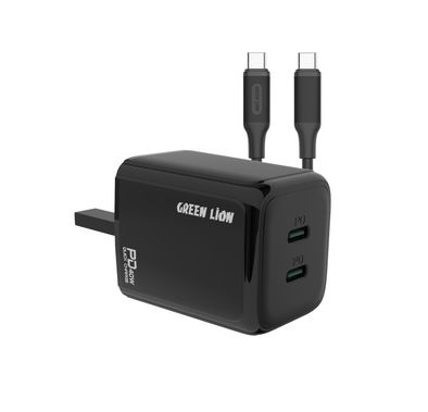 Green Lion Dual PD Wall Charger with USB-C to USB-C Cable, 40W Power up Safely, UK Power Plug, 2 Ports Type-C Output, Fast Charging, Ultra Portable, Charging Protection - Black