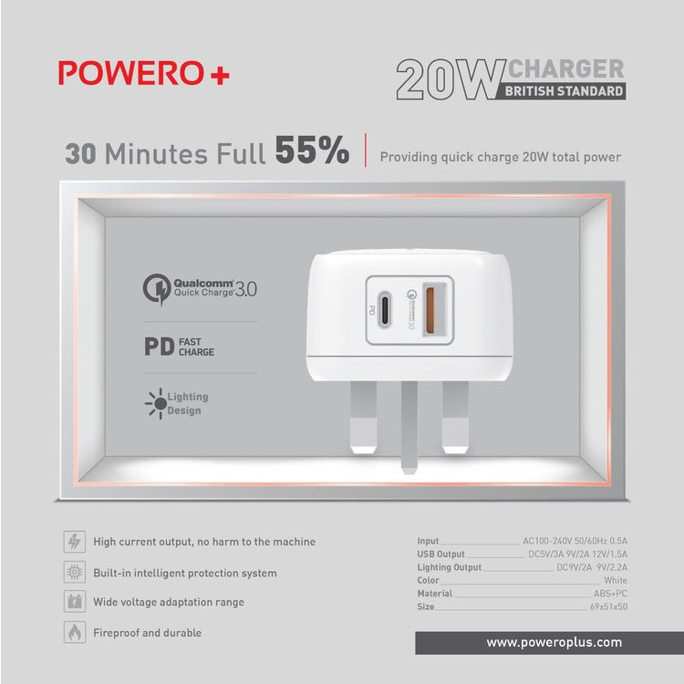 Powero+ Wall Charger - British Standard Charger 20W with Type-C Port & USB-A Port - Compact & Durable Fast Charging Portable Adapter with Intelligent Protection System - White