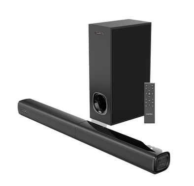 نظام مكبر صوت بلوتوث بورودو ساوندتيك 2.1 قناة ماكس مع جهاز تحكم عن بعد، صوت واضح، صوت قوي 100 واط، تصميم نحيف وأنيق، اتصال عبر AUX، USB، بصري، HDMI للتلفزيون - أسود