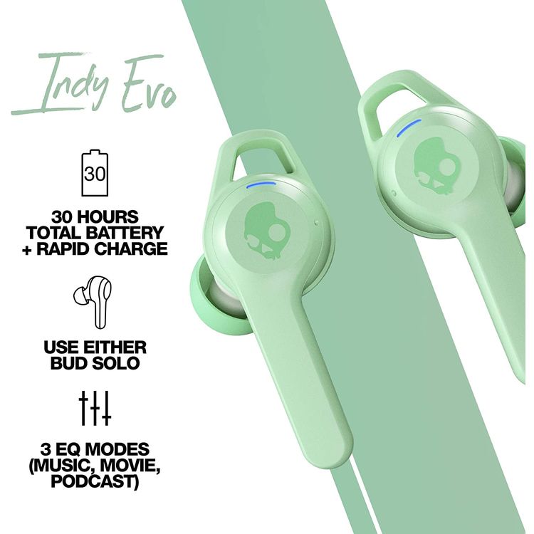 سماعات أذن سكل كاندي إندي إيفو ترو اللاسلكية مع إمكانية الاتصال والتتبع وحجم الصوت عبر أدوات التحكم باللمس ، وعمر بطارية يصل إلى 30 ساعة + شحن سريع ، وعرق IP55 ومقاومة للماء والغبار ، و 3 أوضاع EQ (موسيقى ، أفلام ، بودكاست) - نعناع نقي