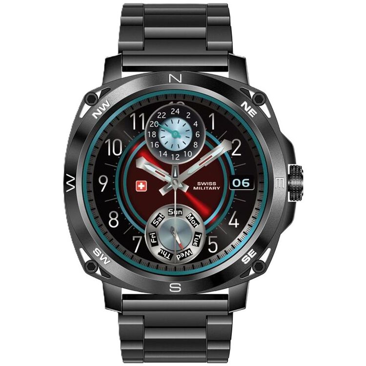 ساعة ذكية Swiss Military DOM4، شاشة AMOLED مقاس 1.43 بوصة، بوصلة مدمجة، اتصال بلوتوث، اكتشاف التمرين - أسود مع حزام معدني