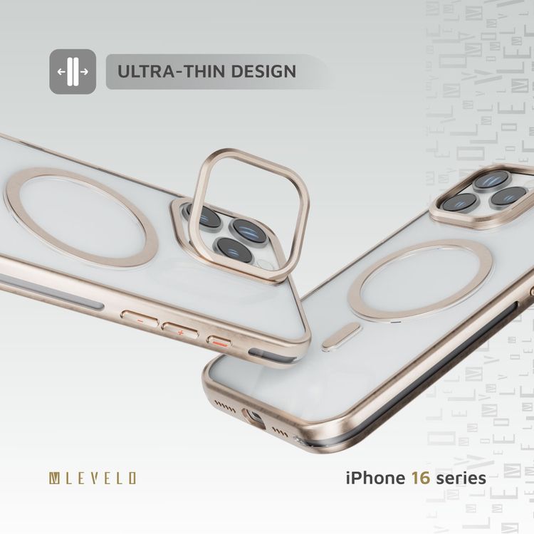 Levelo Elio PC Case with Camera Ring Stand for iPhone 16 Pro, Built-in Kickstand, MagSafe Compatible - Rose Gold Titanium