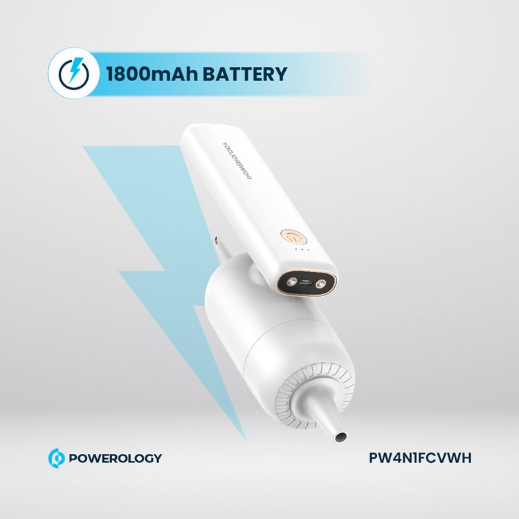 Powerology 4 in 1 180° Foldable Car Vacuum Cleaner with Type-C Charging Port, LED Indicator and 4 Nozzles - White