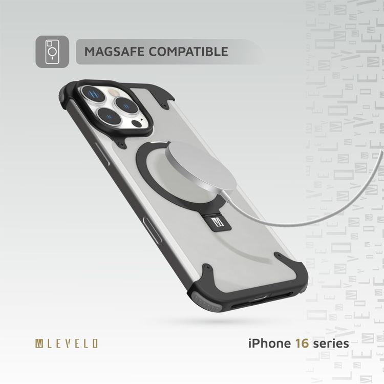 كفر حماية Levelo Metallo المصنوعة من الألومنيوم لهاتف iPhone 16 Pro، متوافقة مع MagSafe، مع حامل معدني وزوايا مقاومة للصدمات - أسود 