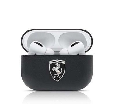 CG Mobile Ferrari PC Leather Black Shield Metal Logo for Airpods Pro Officially Licensed, Dust Proof, Scratch Proof, Dirt Proof, Protective Cover, Compatible with AirPods Pro - Black