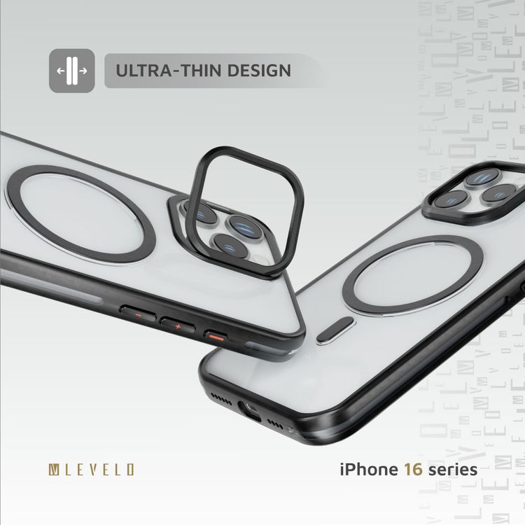 كفر حماية Levelo Elio PC مع حامل حلقي للكاميرا لهاتف iPhone 16 Pro، حامل مدمج، متوافق مع MagSafe - أسود 