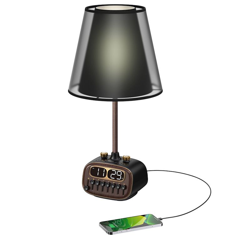 مصباح مكتبي ريترو من بورودو مع ضوضاء بيضاء ومكبر صوت بتقنية البلوتوث ووظيفة التنبيه والغفوة و3 مستويات سطوع (منخفضة ومتوسطة وعالية) وشحن لاسلكي مزدوج وشاشة رقمية عالية الدقة - أسود 