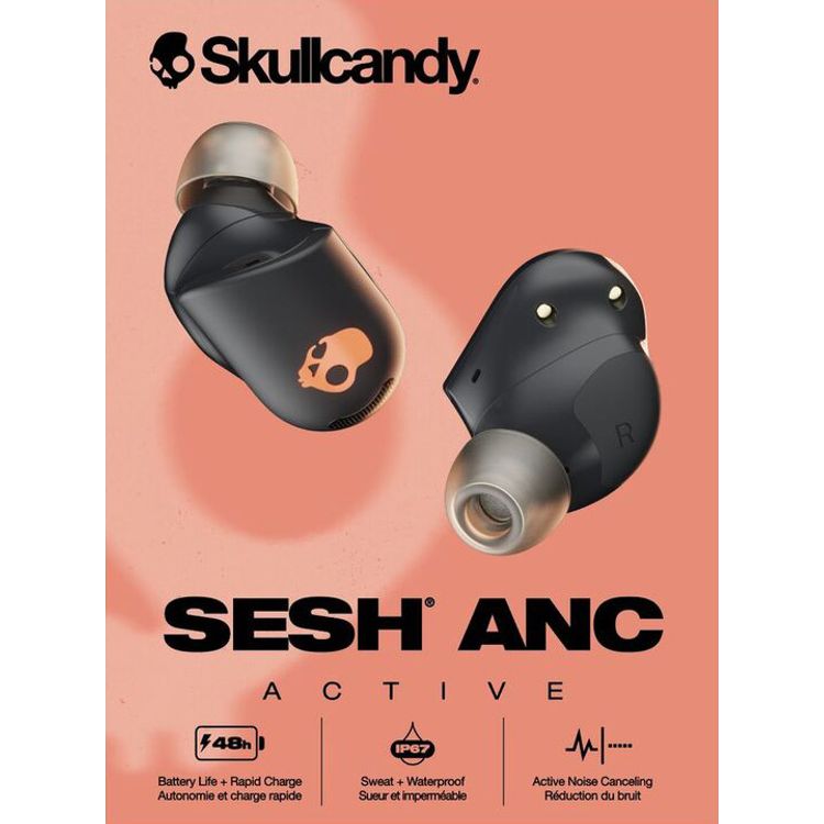 سماعات Skullcandy SESH ANC اللاسلكية الحقيقية داخل الأذن، تفعيل المساعد الصوتي، قطر السائق 12 مم، حتى 48 ساعة إجمالي عمر البطارية - أسود/برتقالي