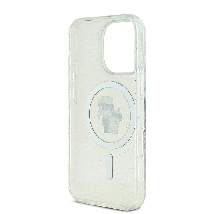 Karl Lagerfeld Magsafe IML Glitter Hard Case for iPhone 16 Pro with Karl & Choupette Logo, Slim Profile, Easy Snap-on, Drop Protection, Lightweight, Sustainable Packaging- Clear