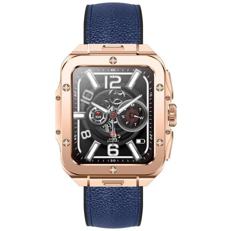 Swiss Military Alps 2, 1.85" HD Display, 4GB Built-in Memory, Workout Detection, Blood Pressure & Oxygen Level Monitoring, Make and Receive Calls - Rose Gold Frame and Blue Leather Strap