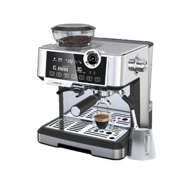 ماكينة صنع قهوة اسبريسو LePresso Advanced ذات شاشة لمس تفاعلية، مضخة ULKA 19 بار، 1350 واط، سعة خزان مياه 2.5 لتر، مقياس غلاية، مطحنة مخروطية الشكل، إعدادات طحن قابلة للتعديل - فضي