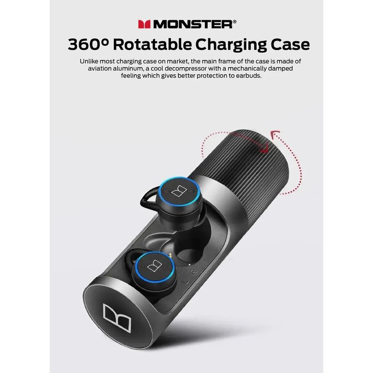 Monster Clarity 101 AirLinks Wireless Earbuds, Bluetooth Version 5.0, Type-C Charging Port, 360° Rotatable Charging Case, Touch Control, 60 Hours Battery Life - Black