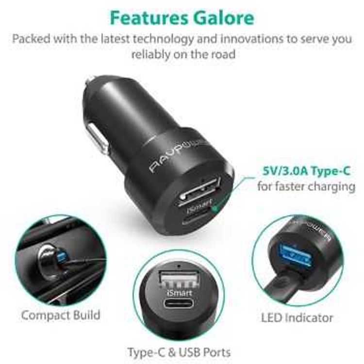 RAVPower Dual Ports Fast Charging Durable Car Charger 36W with Type-C Port - Compact Build Portable Car Power Adapter with iSmart Technology & LED Indicator - Black