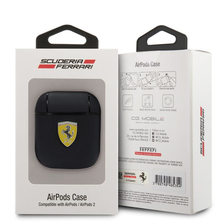 CG Mobile Ferrari FESA2LEBK  No Track Leather case With Metal Logo  for Airpods 1/2 Officially Licensed ,  High-Quality material , Dust Proof , Compatible with Airpods 1/2 - Black