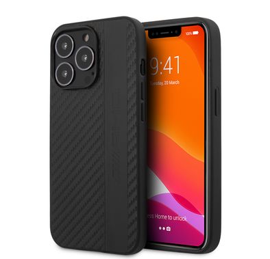 CG MOBILE AMG PC/TPU Case with PU Carbon Effect Gray Leather Stripe & Hot Stamped Logo Compatible for iPhone 13 Pro Max (6.7") Easy Access to All Ports, Shock-Absorption, Anti-Scratch, & Drop Protection Back Cover Suitable with Wireless Charging Officially Licensed