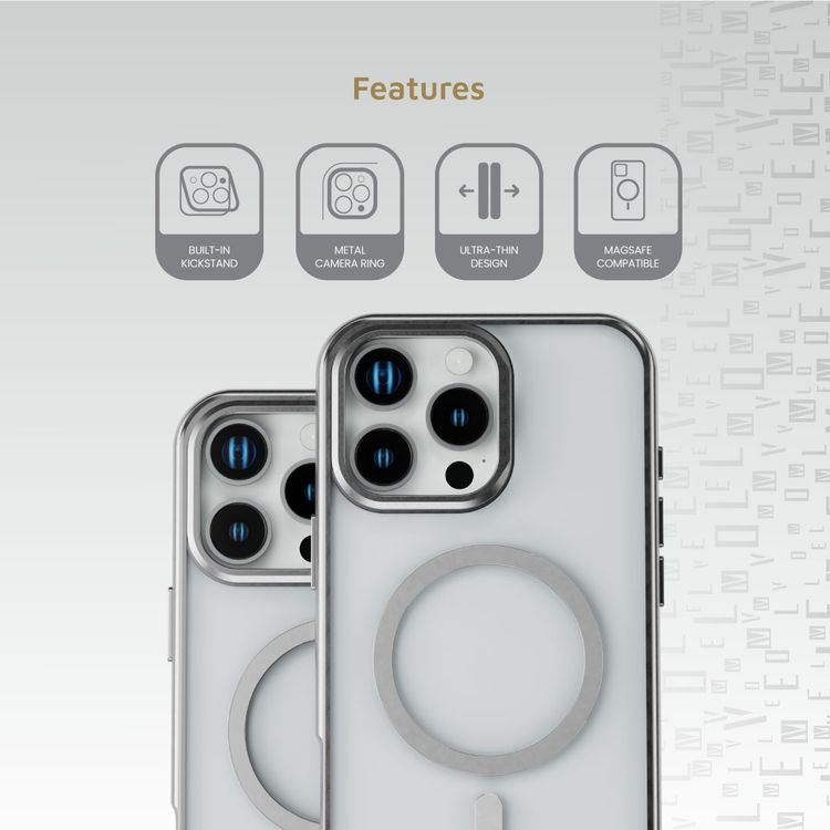 كفر حمية Levelo Elio PC مع حامل حلقي للكاميرا لهاتف iPhone 16 Pro Max، حامل مدمج، متوافق مع MagSafe - فضي 