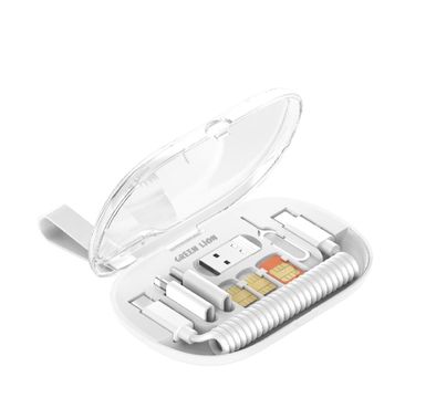 مجموعة كابلات بيانات متعددة الوظائف 6 في 1 من Green Lion، كابل من النوع C إلى النوع C، موصلات USB-A/Lightning/Micro، شحن سريع بقوة 65 وات، غلاف بلاستيكي ABS + PC، صغير الحجم وقابل للحمل، يدعم الشحن والمزامنة، دبوس إخراج بطاقة SIM، فتحة بطاقة SIM - أبيض