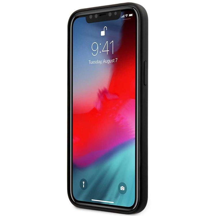 جراب CG Mobile BMW M Collection سائل من السيليكون الصلب ثلاثي الألوان بخطوط عمودية بشعار معدني متوافق مع iPhone 12 Pro Max (6.7 بوصة) - أسود