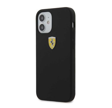 CG Mobile Ferrari On Track Liquid Silicone Case Metal Logo for iPhone 12 Mini (5.4") Officially Licensed, Premium Silicone Case, Shock Resistant, Scratches Resistant - Black