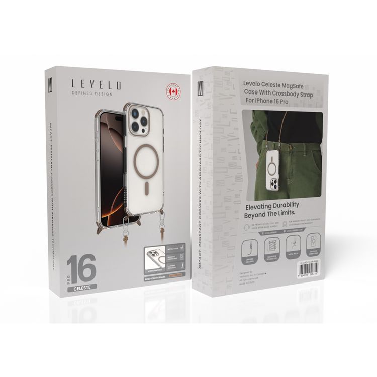 حافظة Levelo Celeste MagSafe مع حزام كروس بودي لهاتف iPhone 16 Pro، تقنية AirGuard، خطاف معدني، مادة متينة - تيتانيوم ذهبي وردي