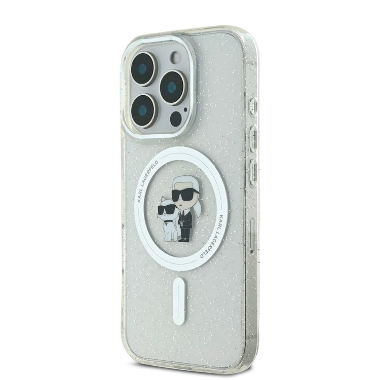 Karl Lagerfeld Magsafe IML Glitter Hard Case for iPhone 16 Pro with Karl & Choupette Logo, Slim Profile, Easy Snap-on, Drop Protection, Lightweight, Sustainable Packaging- Clear