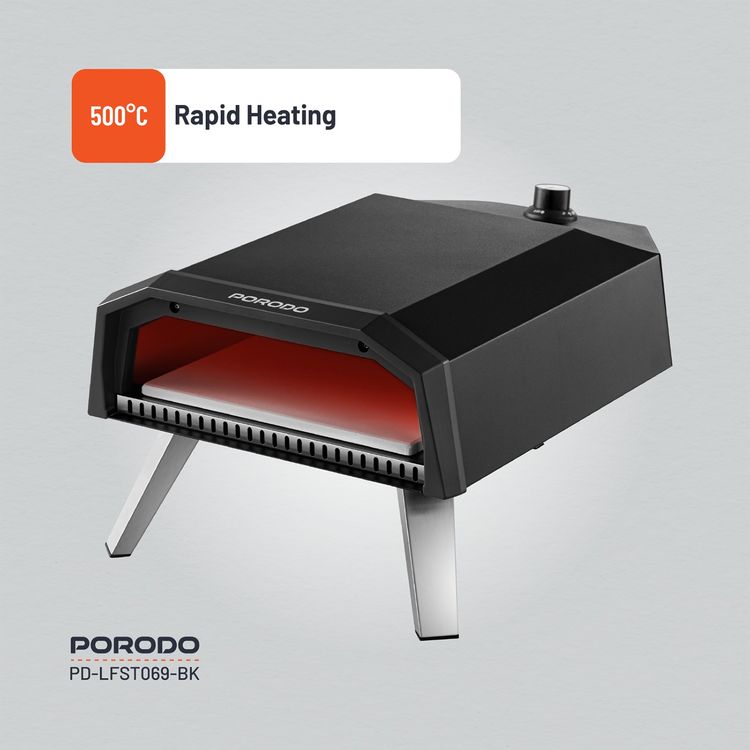 فرن بيتزا بورودو لايف ستايل 12 بوصة في الهواء الطلق بأرجل قابلة للطي، وقت طهي 60 ثانية، تسخين سريع 500 درجة مئوية، متوافق مع البيوتان والبروبان، 30-45 دقيقة قبل التسخين، إشعال بيزو - أسود