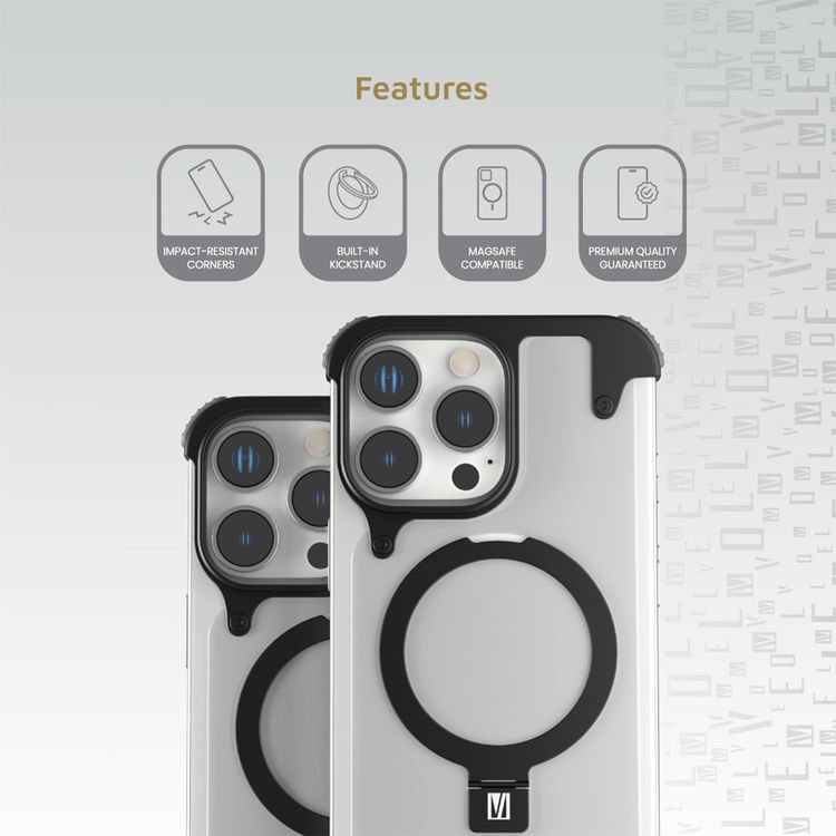 كفر حماية Levelo Metallo المصنوعة من الألومنيوم لهاتف iPhone 16 Pro، متوافقة مع MagSafe، مع حامل معدني وزوايا مقاومة للصدمات - أسود 