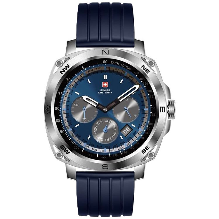 Swiss Military DOM4 Smartwatch, 1.43" AMOLED Display, Built in Compass, Bluetooth Calling, Workout Detection - Silver with Blue Silicon Strap