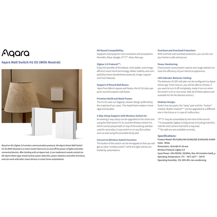 Aqara Smart Wall Switch H1 EU With Neutral ,Double Rocker-White