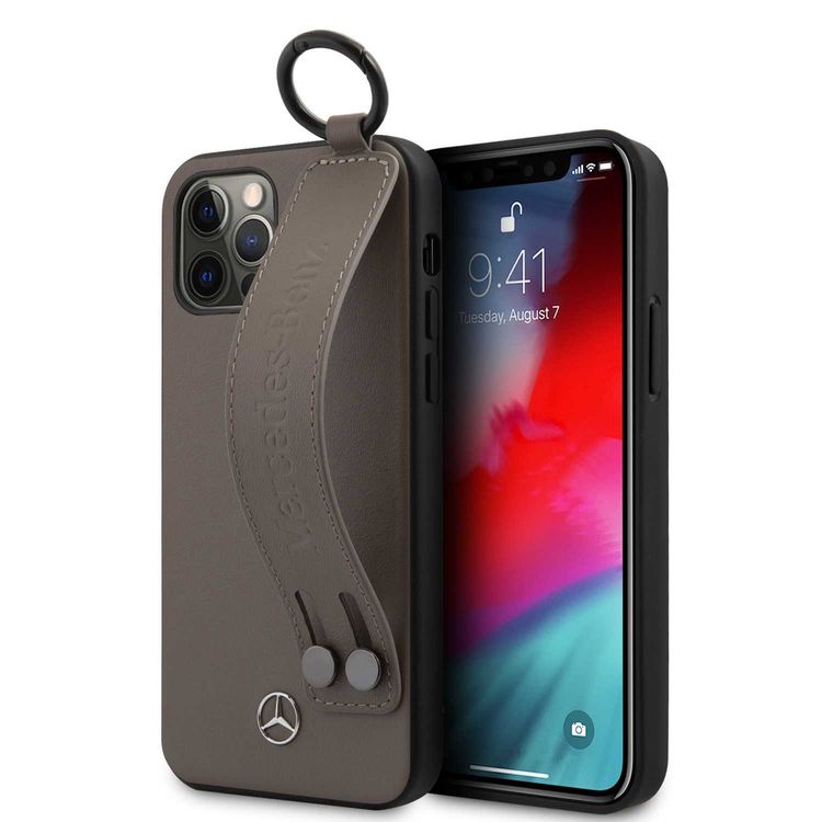 CG Mobile Mercedes-Benz Leather Case Hand Strap Compatible for iPhone 12 / 12 Pro (6.1") Shock & Scratch Resistant, Easy Access to All Ports, Drop Protection  - Brown