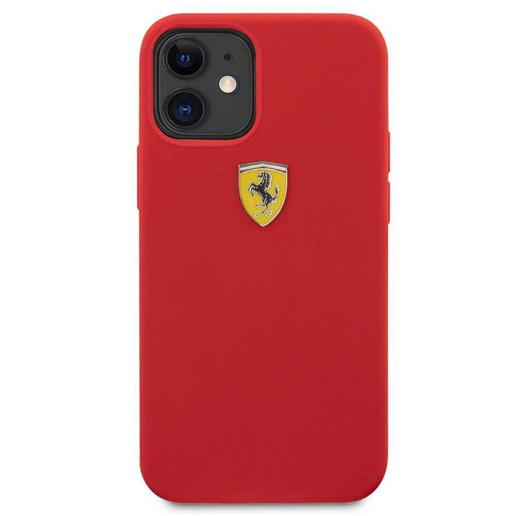 CG Mobile Ferrari On Track Liquid Silicone Case Metal Logo for iPhone 12 Mini (5.4") Officially Licensed, Premium Silicone Case, Shock Resistant, Scratches Resistant - Red
