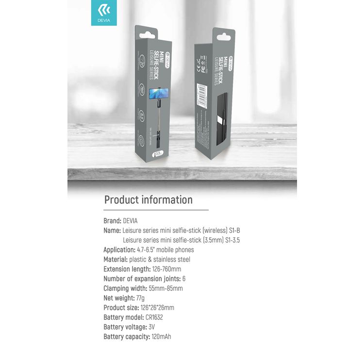 Devia Leisure Series Mini Selfie-Stick (3.5mm), Embedded Bluetooth Remote Control Snapshot, One-Hand Comfortable Grip, Light and Portable, Suitable for all Smartphones - Black