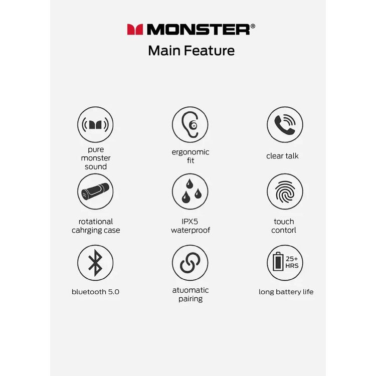 Monster Clarity 101 AirLinks Wireless Earbuds, Bluetooth Version 5.0, Type-C Charging Port, 360° Rotatable Charging Case, Touch Control, 60 Hours Battery Life - Black