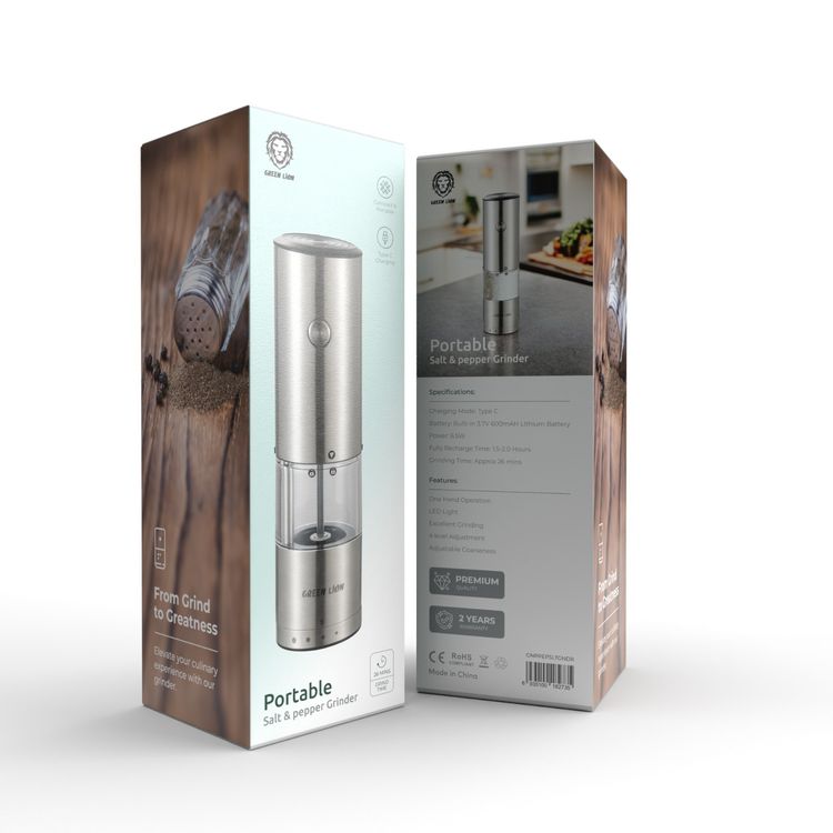 Green Lion Portable Salt & Pepper Grinder, One Hand Operation, Adjustable Coarseness - Silver