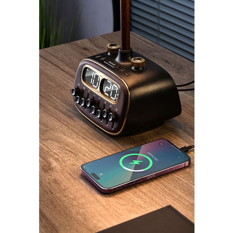 مصباح مكتبي ريترو من بورودو مع ضوضاء بيضاء ومكبر صوت بتقنية البلوتوث ووظيفة التنبيه والغفوة و3 مستويات سطوع (منخفضة ومتوسطة وعالية) وشحن لاسلكي مزدوج وشاشة رقمية عالية الدقة - أسود 