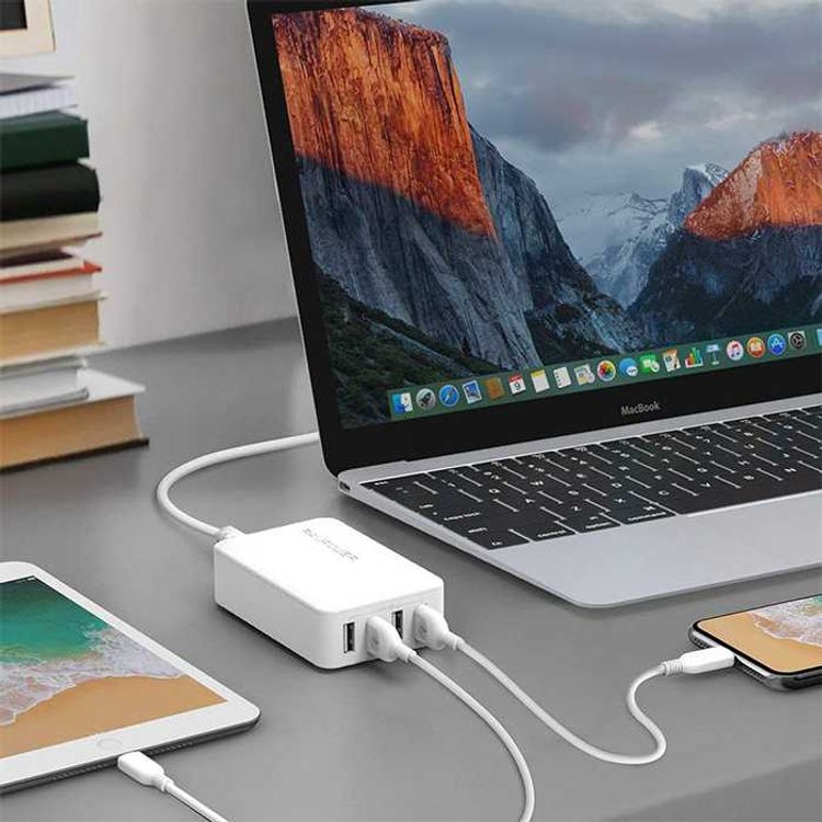 RAVPower 4-Port USB Travel Adapter 40W with Power Cord & Detachable Adapters - Portable & Sturdy Fast Charging Wall Charger with iSmart Technology & Multiple Protection - White