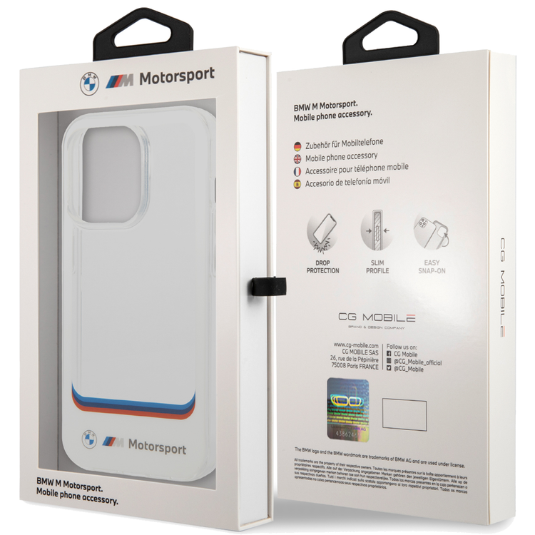 BMW Motorsport Collection PC/TPU IML Case Big Square Transparent and Printed Bottom Logo iPhone 14 Pro Compatibility - White