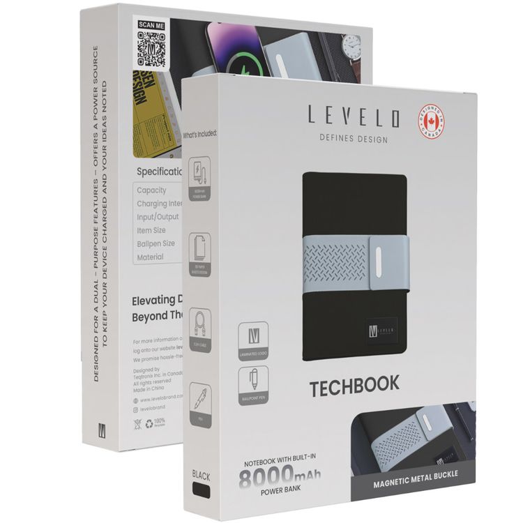 غطاء جلدي لدفتر ملاحظات Levelo Techbook مع بنك طاقة مدمج بقوة 8000 مللي أمبير في الساعة وقلم حبر جاف و80 ورقة ومجلد أوراق فضفاضة - أسود
