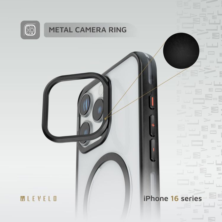 كفر حماية Levelo Elio PC مع حامل حلقي للكاميرا لهاتف iPhone 16 Pro، حامل مدمج، متوافق مع MagSafe - أسود 
