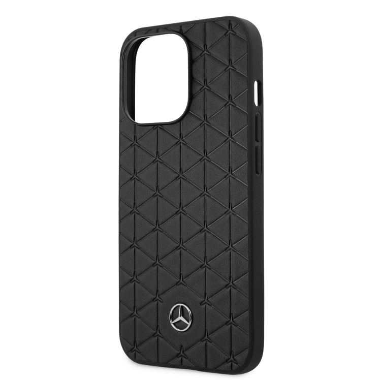 Mercedes-Benz Genuine Leather Hard Case with Quilted Mini Stars Pattern & Metal Star Logo iPhone 14 Pro Max Compatibility - Black