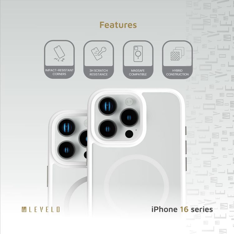 حافظة Levelo MagSafe Solo لهاتف iPhone 16 Pro، تقنية Clearview، مقاومة للخدش 3H، هيكل هجين - أبيض 