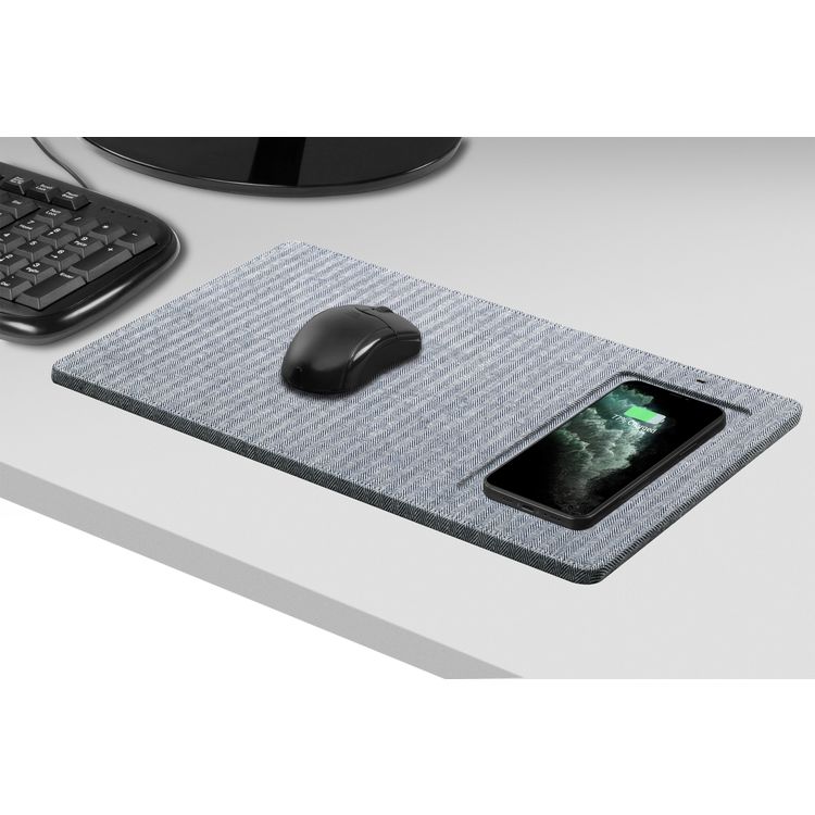 Powerology Fabric Qi Wireless Charging Mouse Pad 10W, Case-Friendly, Fast Wireless Charging Mouse Mat Compatible for 12/12 Pro/12 Pro Max/11/11 Pro/11 Pro Max, Samsung Galaxy S10/S9/S8/Note 10 - Gray Herringbone