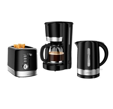 طقم إفطار من LePresso، محمصة، غلاية وماكينة صنع القهوة بالتنقيط، إيقاف التشغيل التلقائي، وظيفة الحفاظ على الدفء، عنصر تسخين من الفولاذ المقاوم للصدأ - أسود 