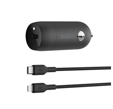 {CCA004bt1MBK-B5} شاحن سيارة بيلكين USB-C 30 وات مع موصل PVC إلى Lightning بطول 1 متر - أسود