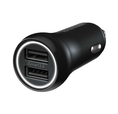 شاحن سيارة بمنفذ USB مزدوج من RAVPower بقدرة 17 وات 2.4 أمبير QC3.0 مع مؤشر حلقي LED فريد - محول طاقة محمول للسيارة سريع الشحن مع تقنية iSmart 2.0 - حجم صغير - أسود