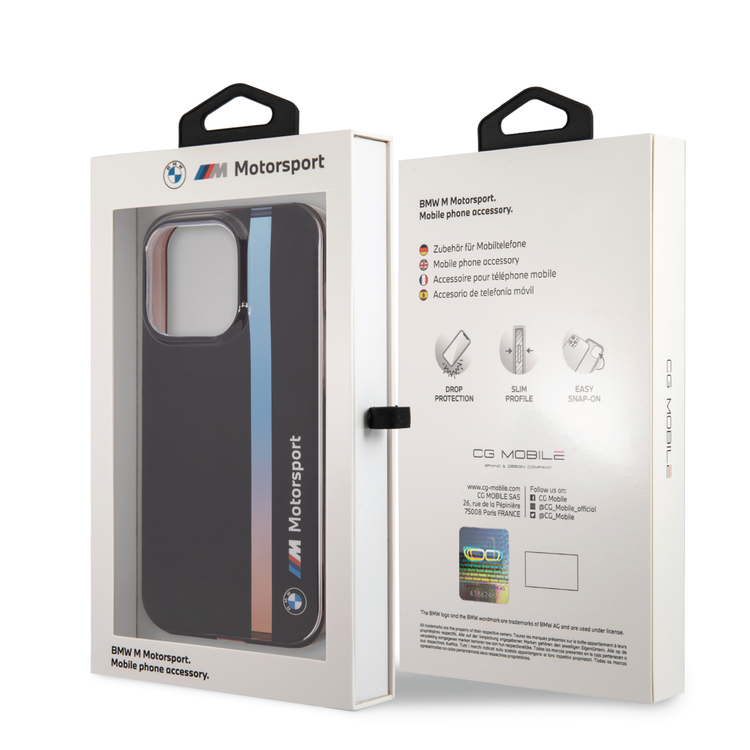 BMW Motorsport Collection PC/TPU IML Case with Printed Tricolor Fading Stripe iPhone 14 Pro Max Compatibility - Black