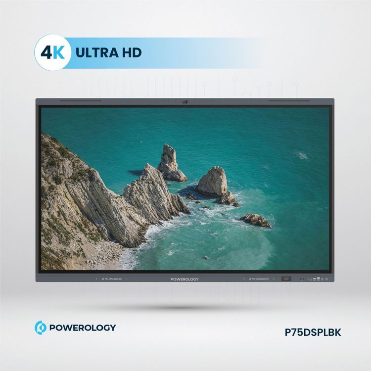 Powerology Dual Windows & Android Interactive Smartboard, 75" Screen Size, 16GB RAM, 256GB Storage, Bluetooth V5.0, Digital writing & Drawing, 500W Power, Wireless Screen Casting - Black