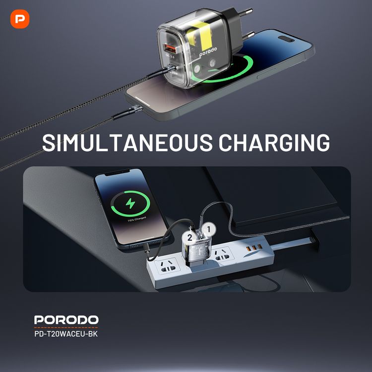 Porodo شاحن شفاف سريع ثنائي المخرج USB-C PD و USB-A QC EU - شفاف