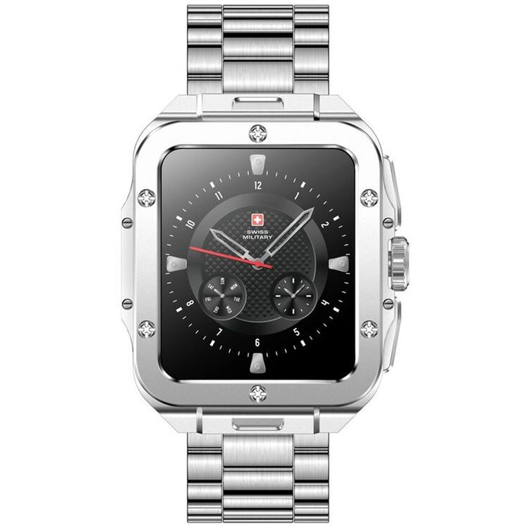 Swiss Military Alps 2, 1.85" HD Display, 4GB Built-in Memory, Workout Detection, Blood Pressure & Oxygen Level Monitoring, Make and Receive Calls - Silver Frame and Silver Stainless Steel Strap
